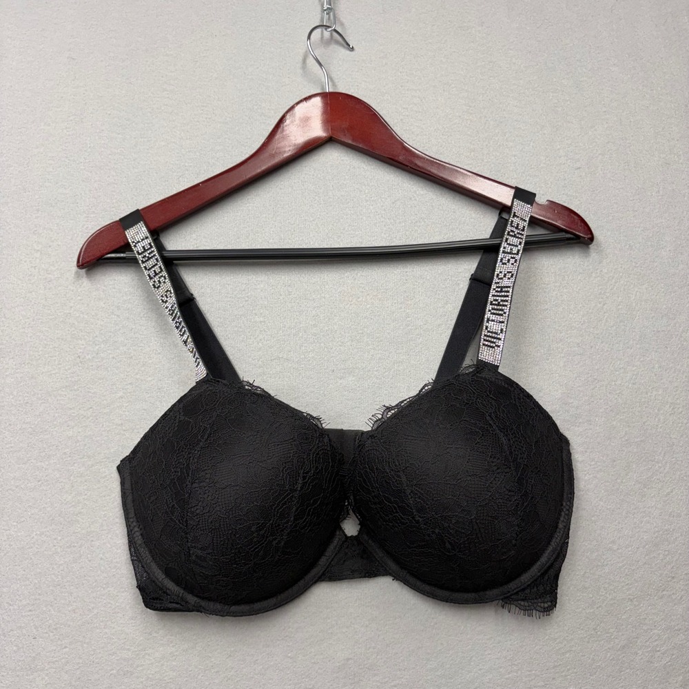 Victoria's Secret Bra Women 36DD Black Very Sexy Push-Up Lace Shine Strap Bling